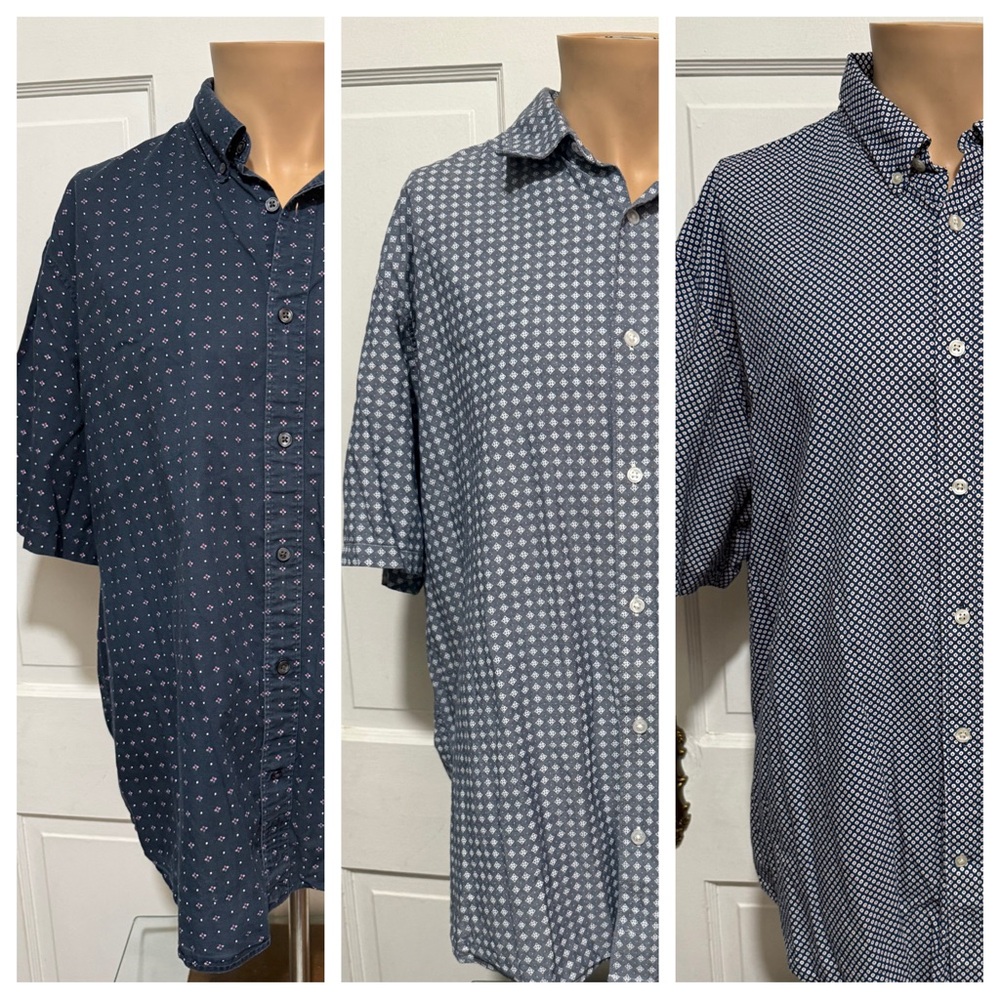 3 Mens Club Monaco Button Down Slim Fit Short Sleeve Blue Pattern XXL Shirts Lot